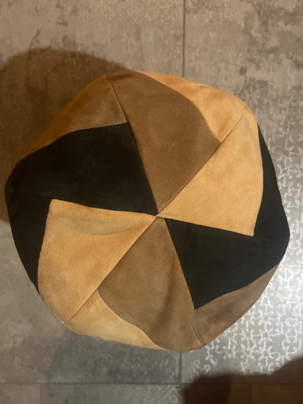Vintage Suede Leather Beret Tam Spiral Panel Design Earthy Neutral Boho